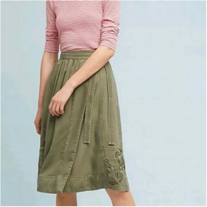 Anthropologie Maeve Green Embroidered Wrap Skirt